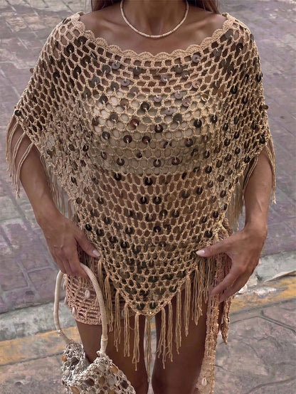 Women's Sequin Top Shawl Cover-Up With Tassel Hem, Boho Knitted Sequin Cover-Up, Spring/Summer Knit Top Vacation Beach