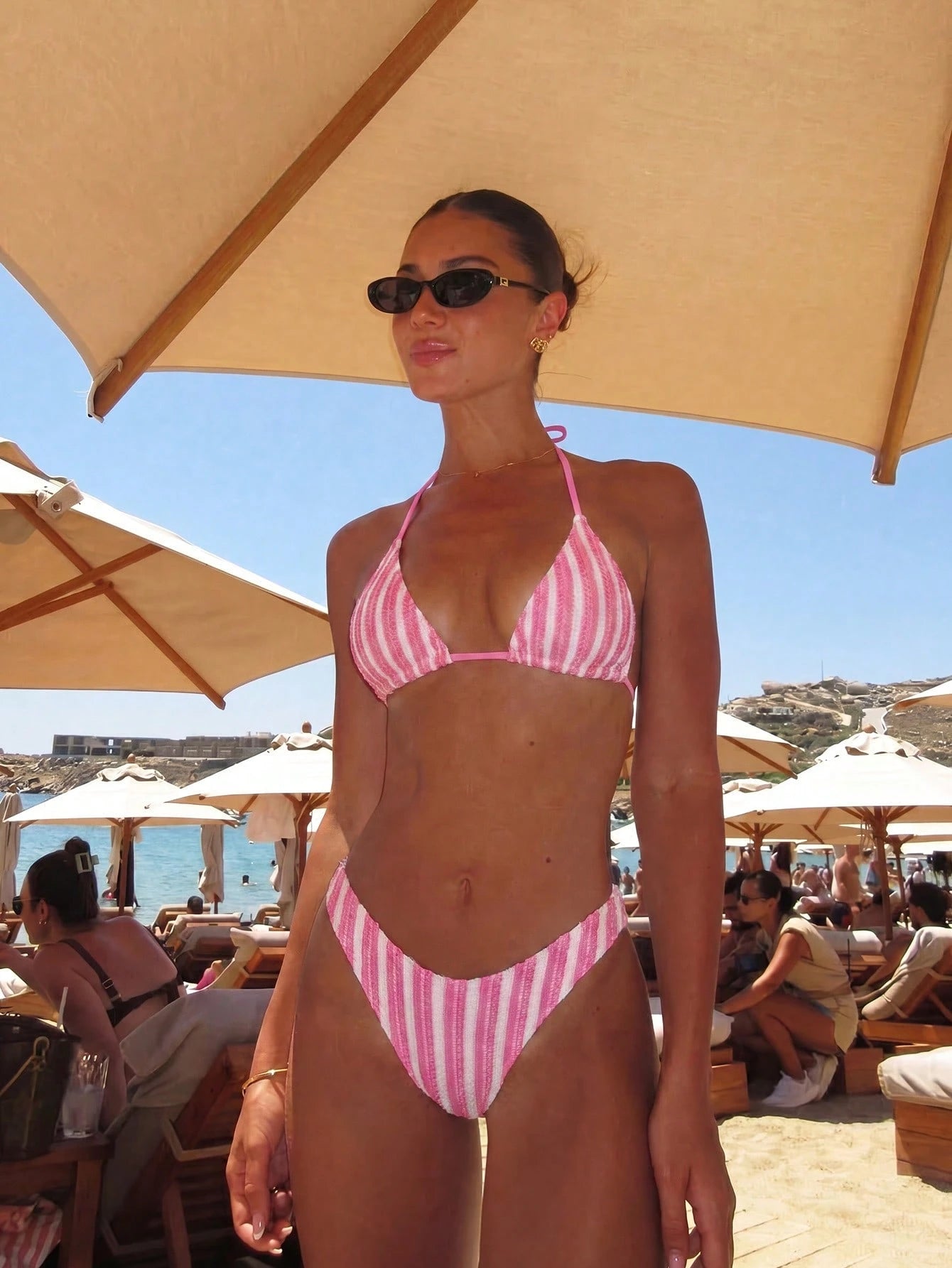 Women's Sexy Bohemian Striped V-Neck Bikini Set, High-Slit Bottom, Tie-Up Design Beach Vacation Swimwear Summer