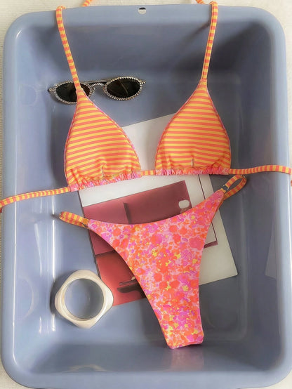Women's Sexy Fashionable Colorful Striped Two Pieces Swimwear, Backless Tie-Up Bikini Set, Beach Resort Cruise Wear For Summer Vacation