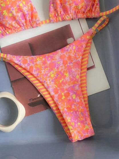 Women's Sexy Fashionable Colorful Striped Two Pieces Swimwear, Backless Tie-Up Bikini Set, Beach Resort Cruise Wear For Summer Vacation