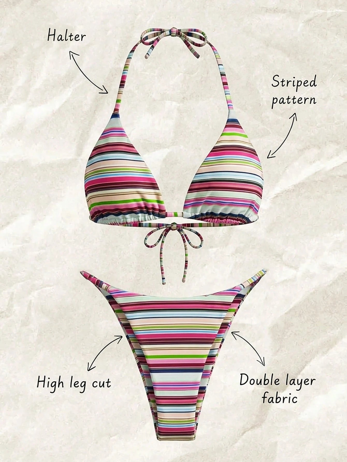 Women's Sexy Fashionable Colorful Striped Two Pieces Swimwear, Backless Tie-Up Bikini Set, Beach Resort Cruise Wear For Summer Vacation