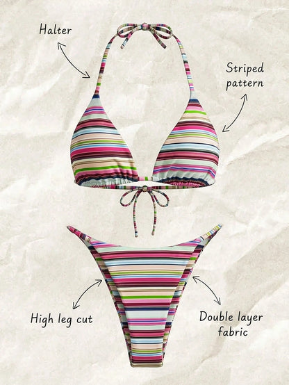 Women's Sexy Fashionable Colorful Striped Two Pieces Swimwear, Backless Tie-Up Bikini Set, Beach Resort Cruise Wear For Summer Vacation