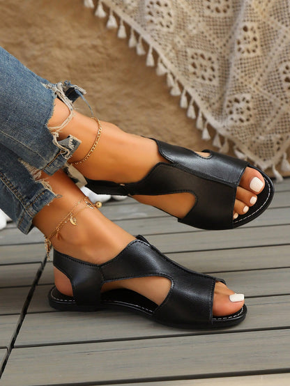 Women's Sexy Hook And Loop Flat Sandals, Summer Outdoor Casual Beach Sandals, Black