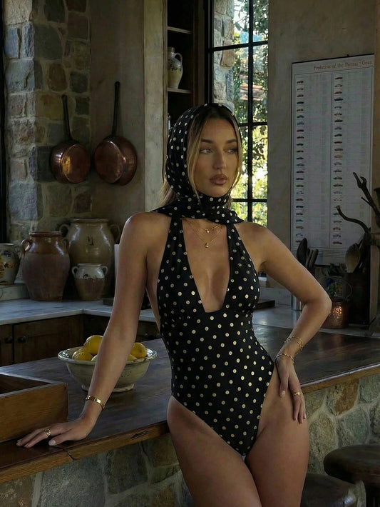 Women's Sexy Polka Dot Twist Asymmetrical Backless Sarong Two Pieces One-Piece Swimsuit, Suitable For Vacation And Beach Wear In Summer Black