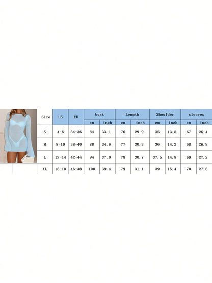 Women's Sheer Knit Mini Dress, Open Back Tie Flare Sleeve Cover Up, Y2K Beach Summer Vacation Bodycon Dress