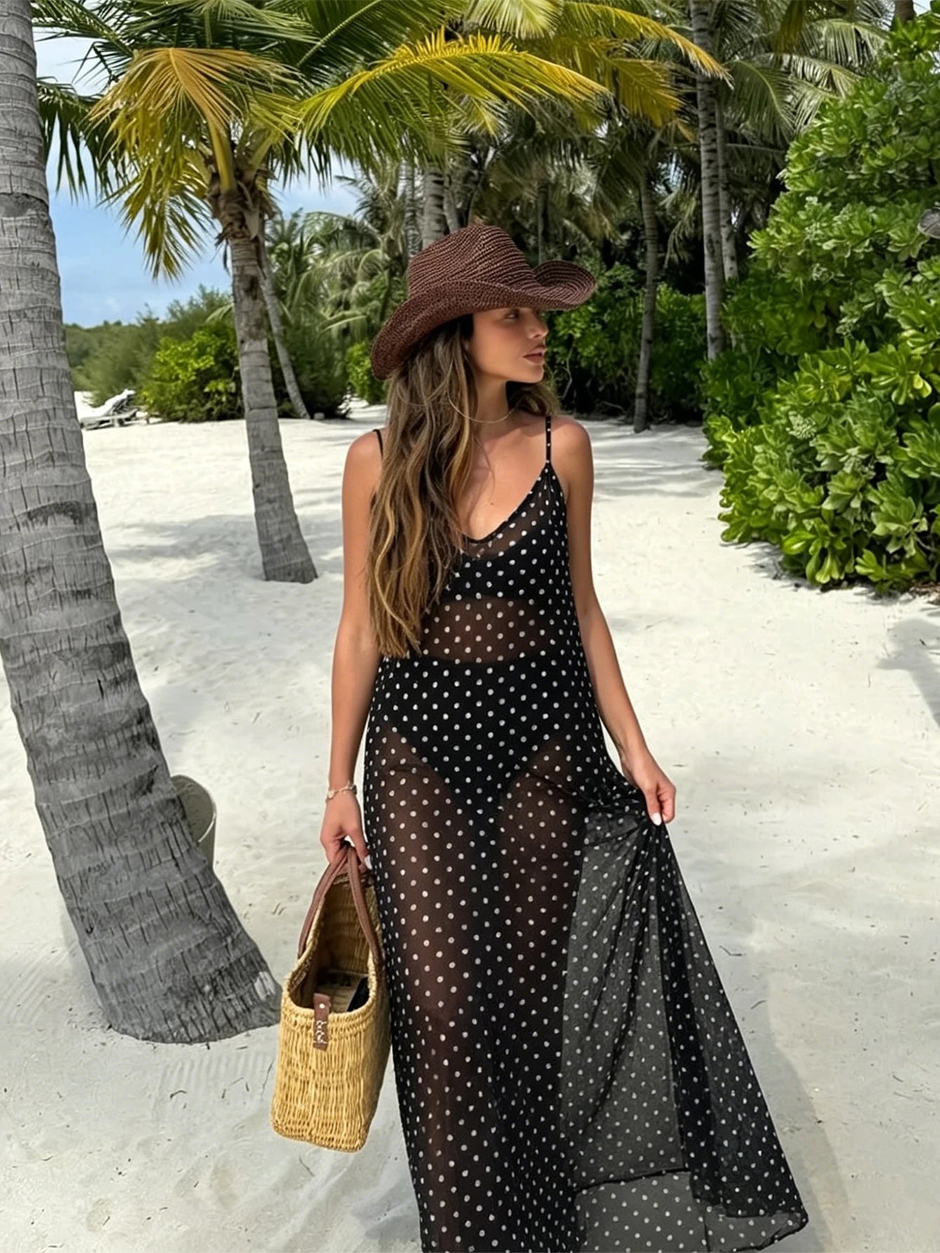 Women's Sleeveless Polka Dot Chiffon Spaghetti Strap Dress, Backless Casual Beach Dress Vacation Summer