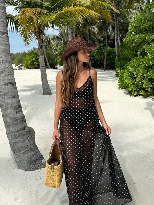 Women's Sleeveless Polka Dot Chiffon Spaghetti Strap Dress, Backless Casual Beach Dress Vacation Summer