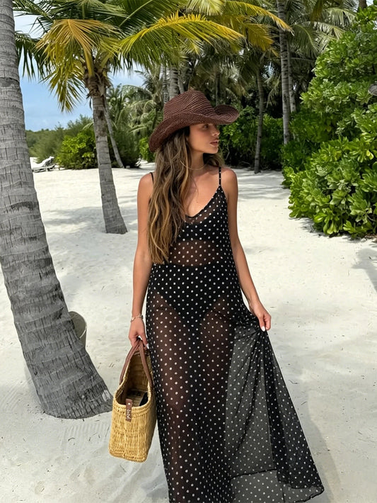 Women's Sleeveless Polka Dot Chiffon Spaghetti Strap Dress, Backless Casual Beach Dress Vacation Summer