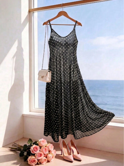 Women's Sleeveless Polka Dot Chiffon Spaghetti Strap Dress, Backless Casual Beach Dress Vacation Summer