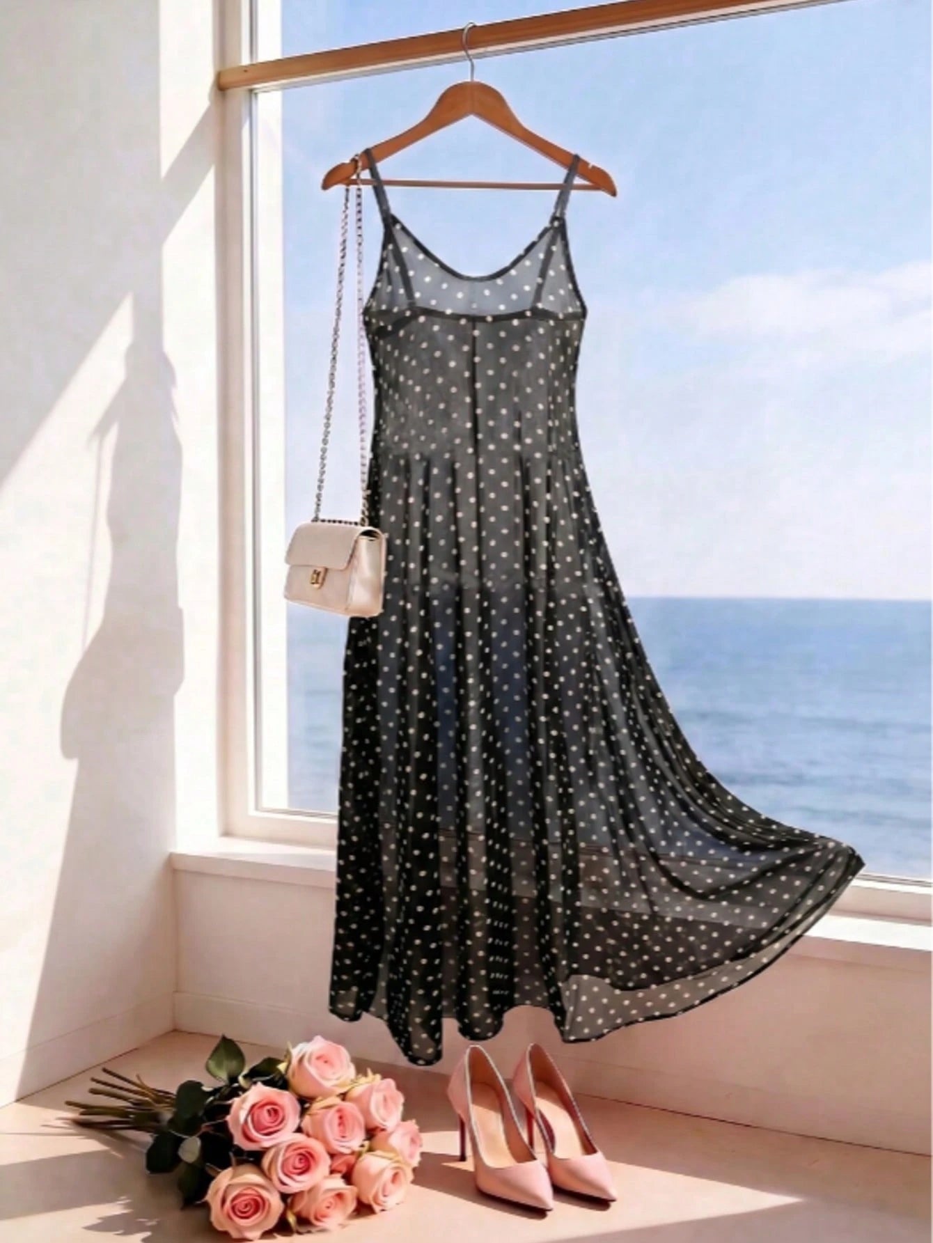 Women's Sleeveless Polka Dot Chiffon Spaghetti Strap Dress, Backless Casual Beach Dress Vacation Summer