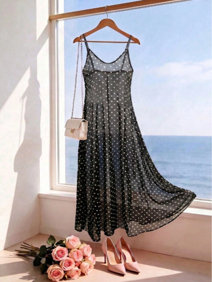 Women's Sleeveless Polka Dot Chiffon Spaghetti Strap Dress, Backless Casual Beach Dress Vacation Summer
