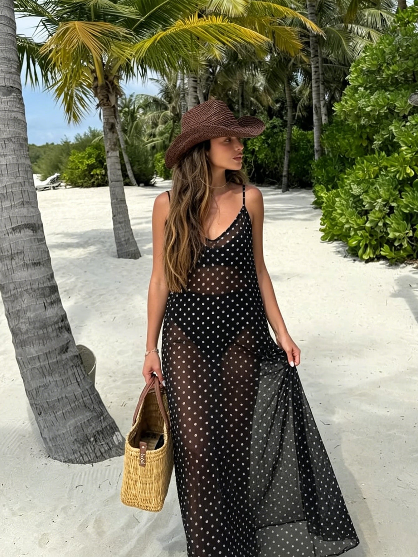 Women's Sleeveless Polka Dot Chiffon Spaghetti Strap Dress, Backless Casual Beach Dress Vacation Summer