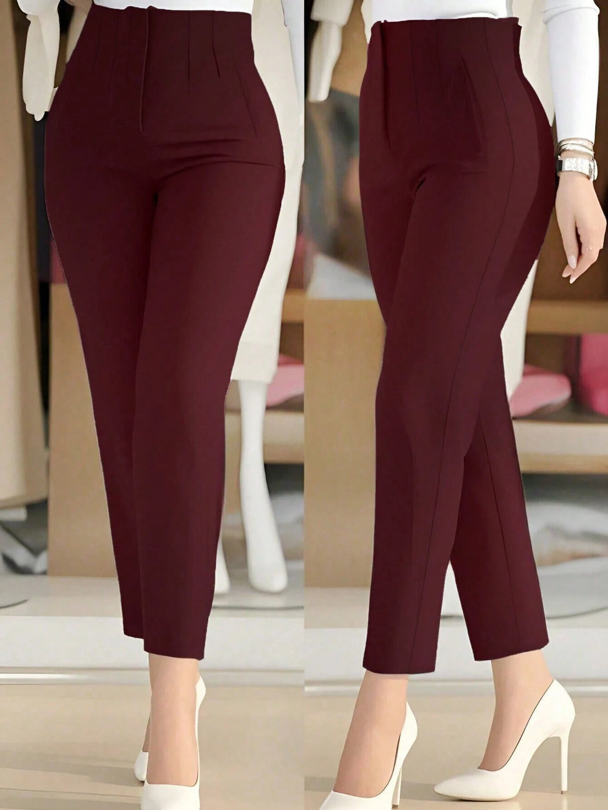 Women's Slim Fit Waist-Cinched Ankle-Length Commuter Pants, Knitted Fabric, Fitted Design With Zipper And Pockets, Medium Stretch, Perfect For Autumn/Winter Back To School, Burgundy