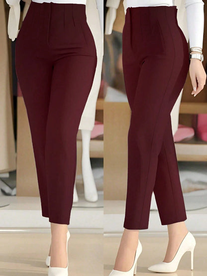 Women's Slim Fit Waist-Cinched Ankle-Length Commuter Pants, Knitted Fabric, Fitted Design With Zipper And Pockets, Medium Stretch, Perfect For Autumn/Winter Back To School, Burgundy