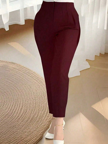 Women's Slim Fit Waist-Cinched Ankle-Length Commuter Pants, Knitted Fabric, Fitted Design With Zipper And Pockets, Medium Stretch, Perfect For Autumn/Winter Back To School, Burgundy