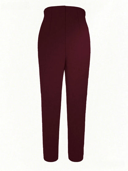 Women's Slim Fit Waist-Cinched Ankle-Length Commuter Pants, Knitted Fabric, Fitted Design With Zipper And Pockets, Medium Stretch, Perfect For Autumn/Winter Back To School, Burgundy