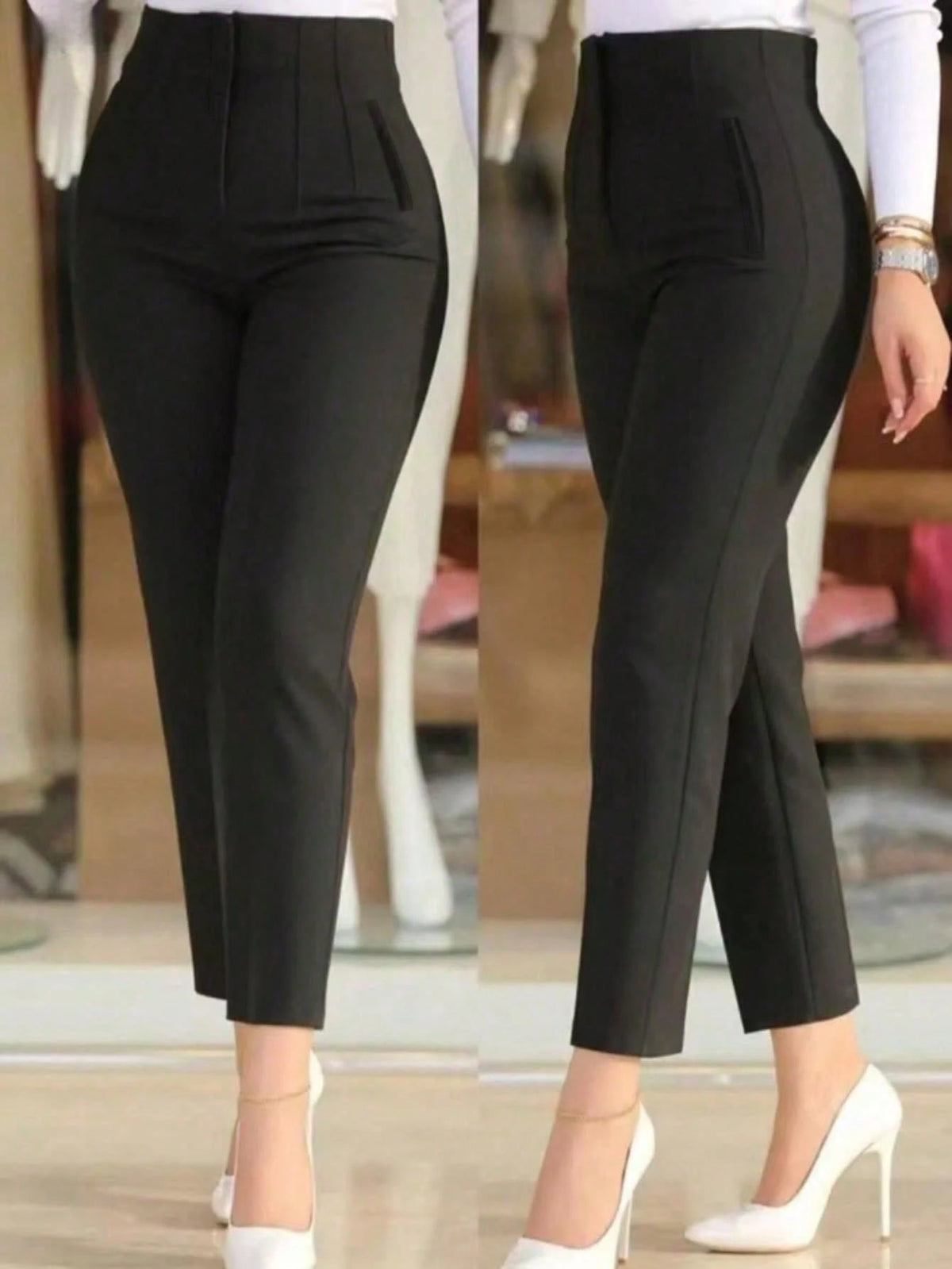 Women's Slim Fit Waist-Cinched Ankle-Length Commuter Pants, Knitted Fabric, Fitted Design With Zipper And Pockets, Medium Stretch, Perfect For Autumn/Winter Back To School, Burgundy