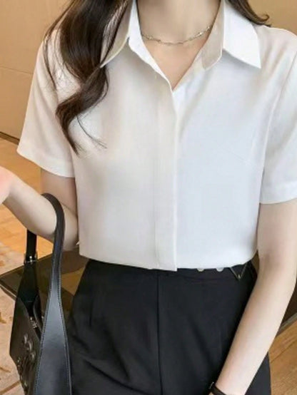 Women's Solid Color Casual Versatile Daily Wear Short Sleeve Shirt Summer