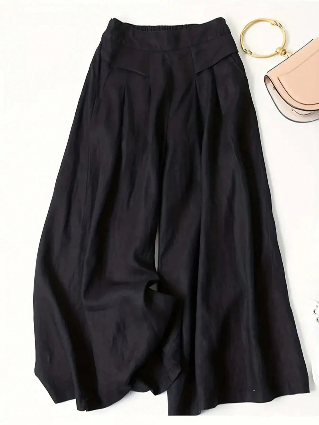 Women's Solid Color Casual Wide Leg Pants With Front Pocket Decor, Autumn Commute, Palazzo Pants Black