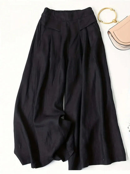 Women's Solid Color Casual Wide Leg Pants With Front Pocket Decor, Autumn Commute, Palazzo Pants Black