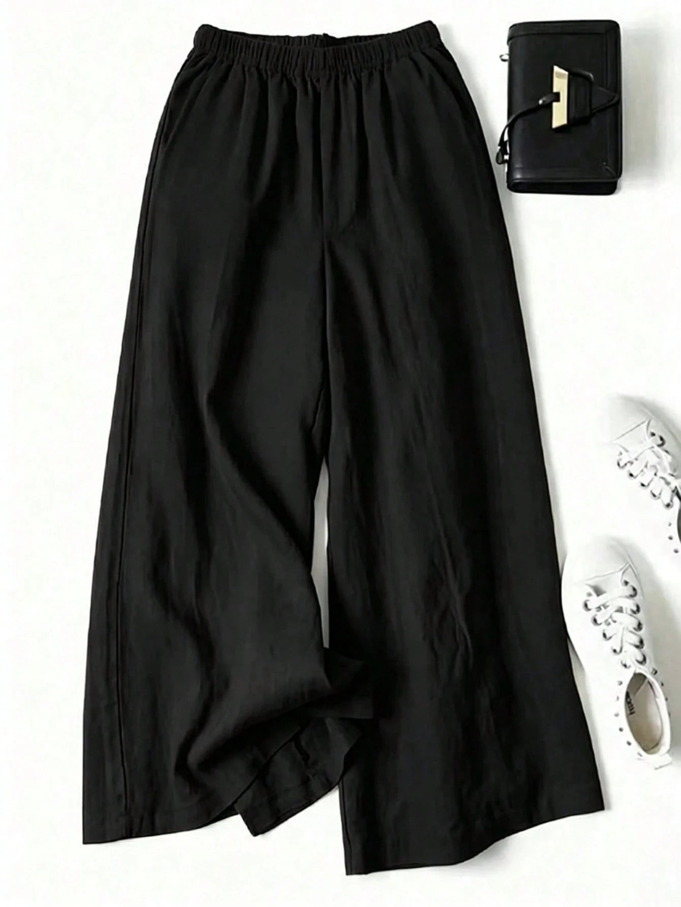 Women's Solid Color Casual Wide Leg Pants With Front Pocket Decor, Autumn Commute, Palazzo Pants Black