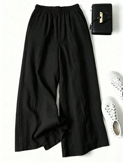 Women's Solid Color Casual Wide Leg Pants With Front Pocket Decor, Autumn Commute, Palazzo Pants Black