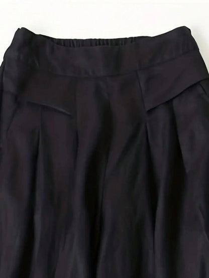 Women's Solid Color Casual Wide Leg Pants With Front Pocket Decor, Autumn Commute, Palazzo Pants Black
