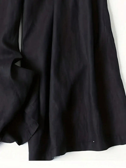 Women's Solid Color Casual Wide Leg Pants With Front Pocket Decor, Autumn Commute, Palazzo Pants Black