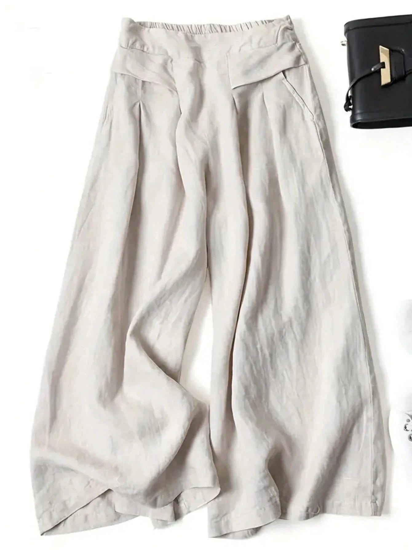 Women's Solid Color Casual Wide Leg Pants With Front Pocket Decor, Autumn Commute, Palazzo Pants Black