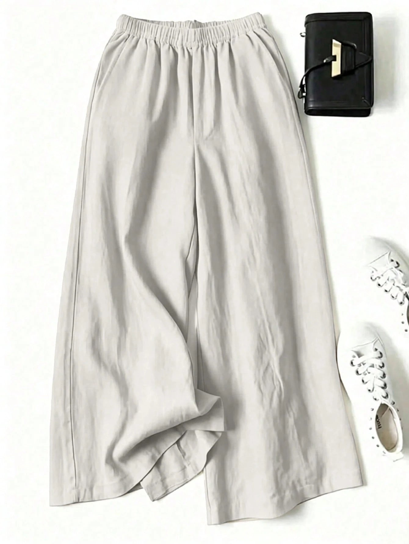 Women's Solid Color Casual Wide Leg Pants With Front Pocket Decor, Autumn Commute, Palazzo Pants Black