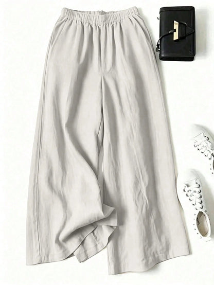 Women's Solid Color Casual Wide Leg Pants With Front Pocket Decor, Autumn Commute, Palazzo Pants Black