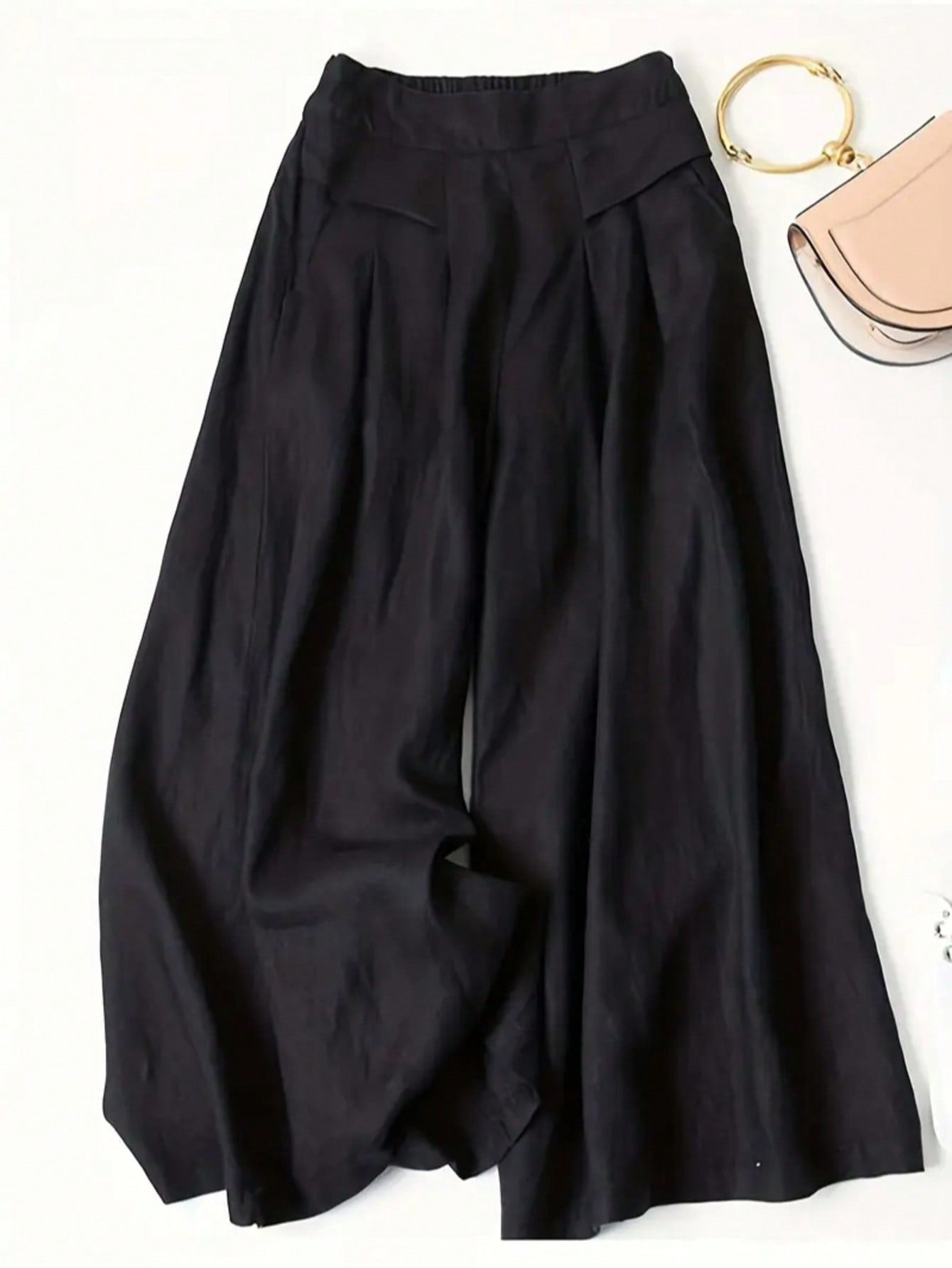 Women's Solid Color Casual Wide Leg Pants With Front Pocket Decor, Autumn Commute, Palazzo Pants Black