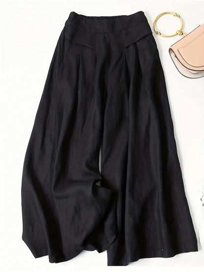 Women's Solid Color Casual Wide Leg Pants With Front Pocket Decor, Autumn Commute, Palazzo Pants Black