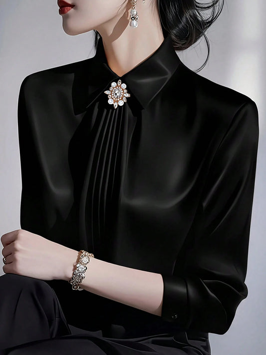 Women's Solid Color Collared Long Sleeve Shirt, Fashionable Elegant Office Commute Versatile Long Sleeve Blouse Black Spring