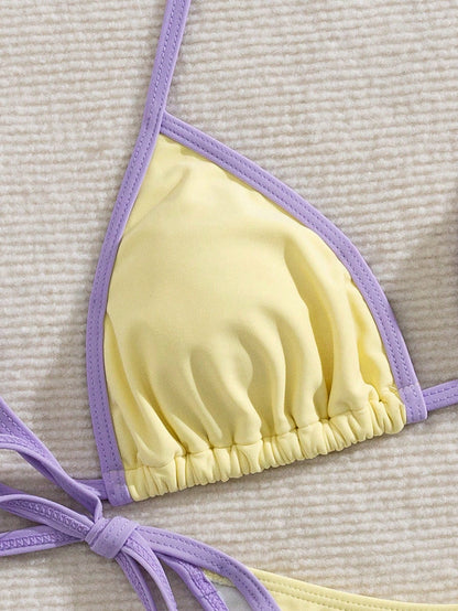 Women's Solid Color Contrast Bikini Set, Halter Neck Tie Back Open Back Swimwear, High Elastic Breathable Fabric, Party/Music Festival Bikini Set, Women's Summer Vacation Outfit, Beach Vacation Two Pi