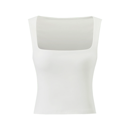 Women's Solid Color Double-Layer Pleated Square Neck Versatile Camisole, Spring/Summer Casual White