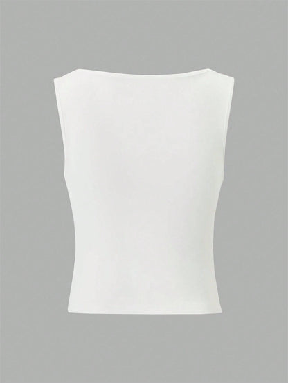 Women's Solid Color Double-Layer Pleated Square Neck Versatile Camisole, Spring/Summer Casual White