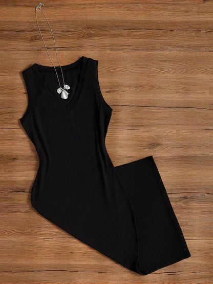 Women's Solid Color Elegant Casual Knit Fabric Split Bodycon Dress, Suitable For Vacation, Wedding, Birthday Party, Date, Spring/Summer Black