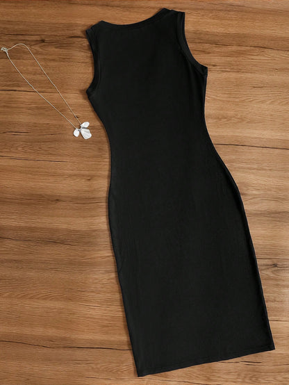 Women's Solid Color Elegant Casual Knit Fabric Split Bodycon Dress, Suitable For Vacation, Wedding, Birthday Party, Date, Spring/Summer Black