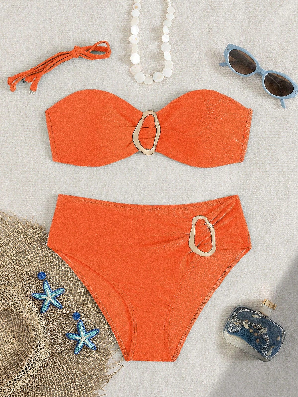 Women's Solid Color Flat Chest Bikini Two Pieces Set With Metal Accessory In The Middle, Suitable For Island Vacation Beach