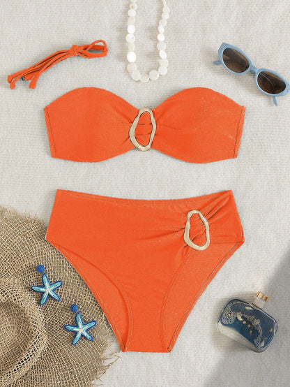 Women's Solid Color Flat Chest Bikini Two Pieces Set With Metal Accessory In The Middle, Suitable For Island Vacation Beach