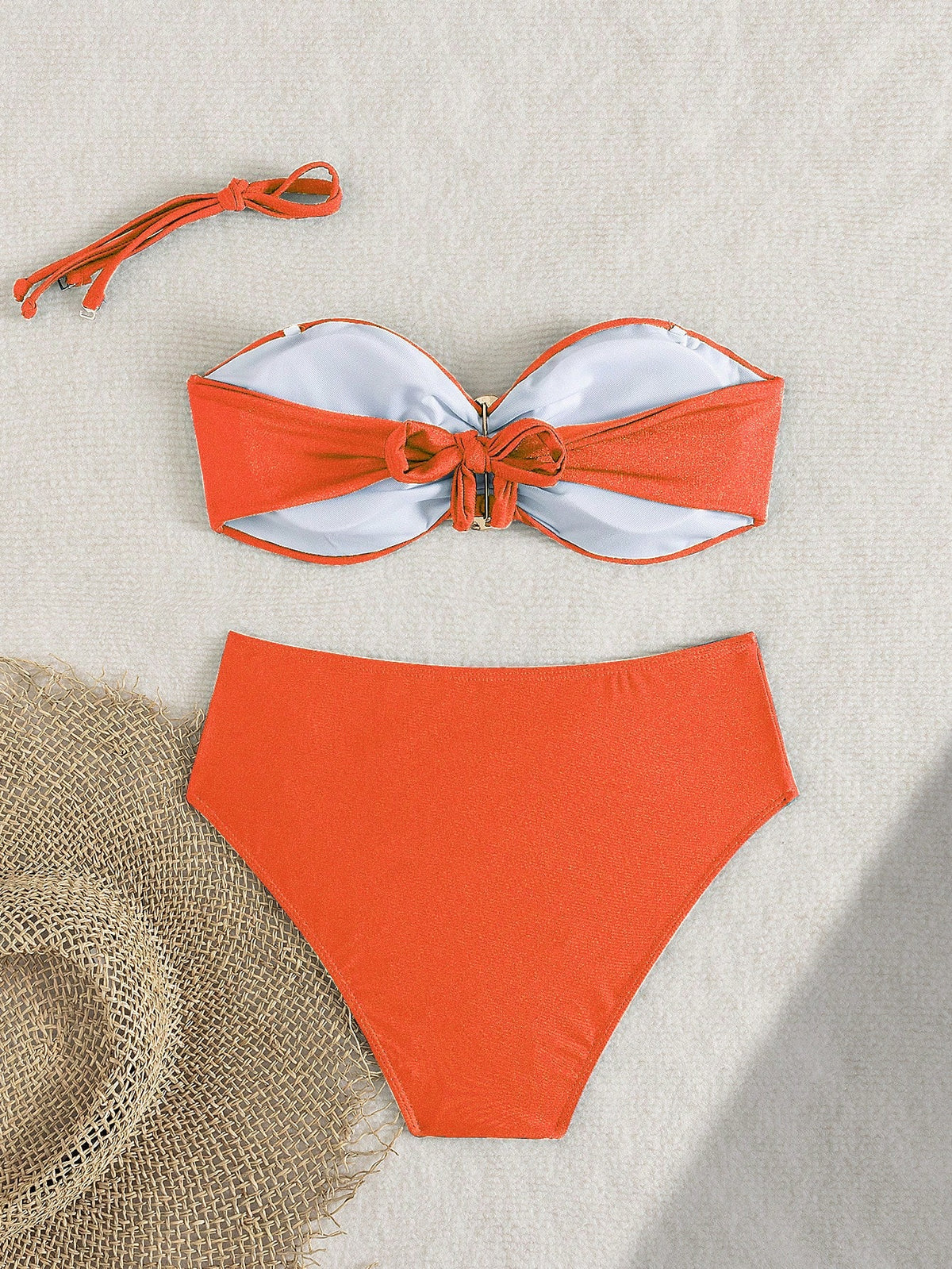 Women's Solid Color Flat Chest Bikini Two Pieces Set With Metal Accessory In The Middle, Suitable For Island Vacation Beach