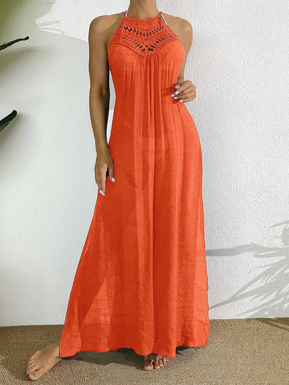 Women's Solid Color Hollow Out Sheer Sleeveless Slit To Thigh Cover Up Dress For Summer Beach Vacation