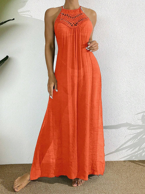 Women's Solid Color Hollow Out Sheer Sleeveless Slit To Thigh Cover Up Dress For Summer Beach Vacation