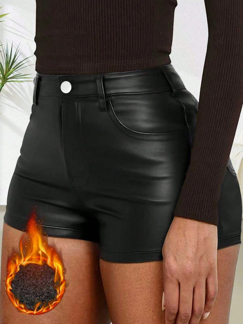 Women's Solid Color Metallic PU Leather Pocket Sexy Shorts Black Summer