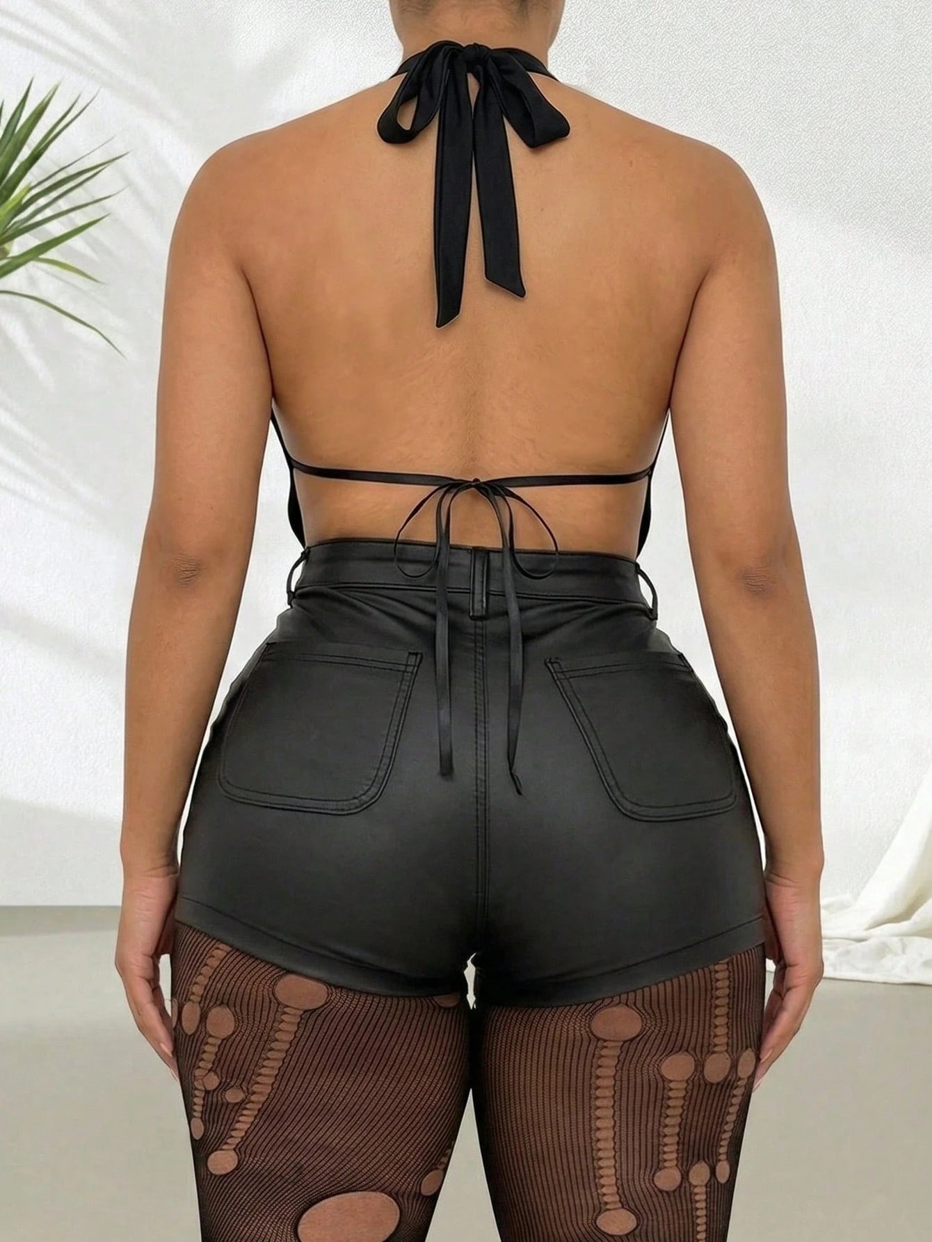 Women's Solid Color Metallic PU Leather Pocket Sexy Shorts Black Summer