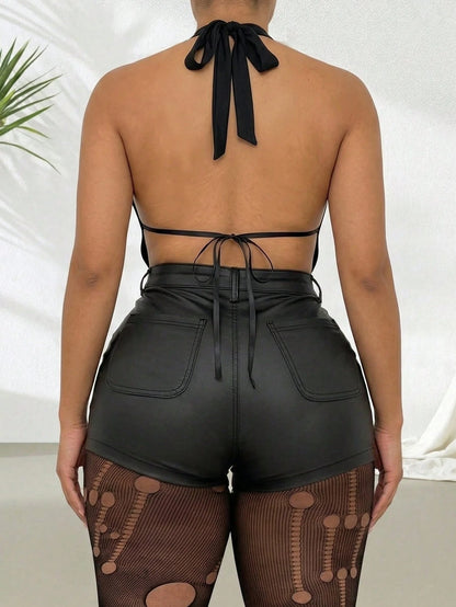 Women's Solid Color Metallic PU Leather Pocket Sexy Shorts Black Summer