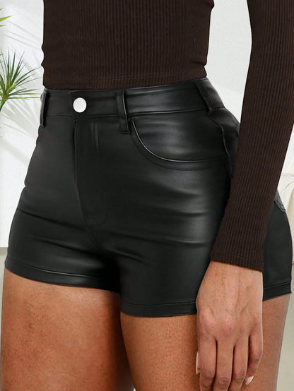Women's Solid Color Metallic PU Leather Pocket Sexy Shorts Black Summer