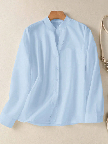 Women's Solid V Neck Button Down Shirt, Long Sleeve Casual Elegant Blouse With Pocket, Daily, Holiday, Travel, Spring Summer Fall Winter Essential