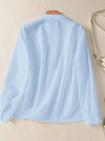 Women's Solid V Neck Button Down Shirt, Long Sleeve Casual Elegant Blouse With Pocket, Daily, Holiday, Travel, Spring Summer Fall Winter Essential